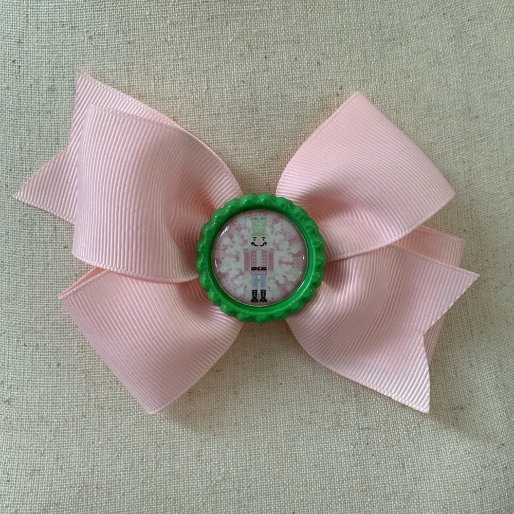 Artisan Hand Crafted Pink Hair Bow Holiday Nutcracker